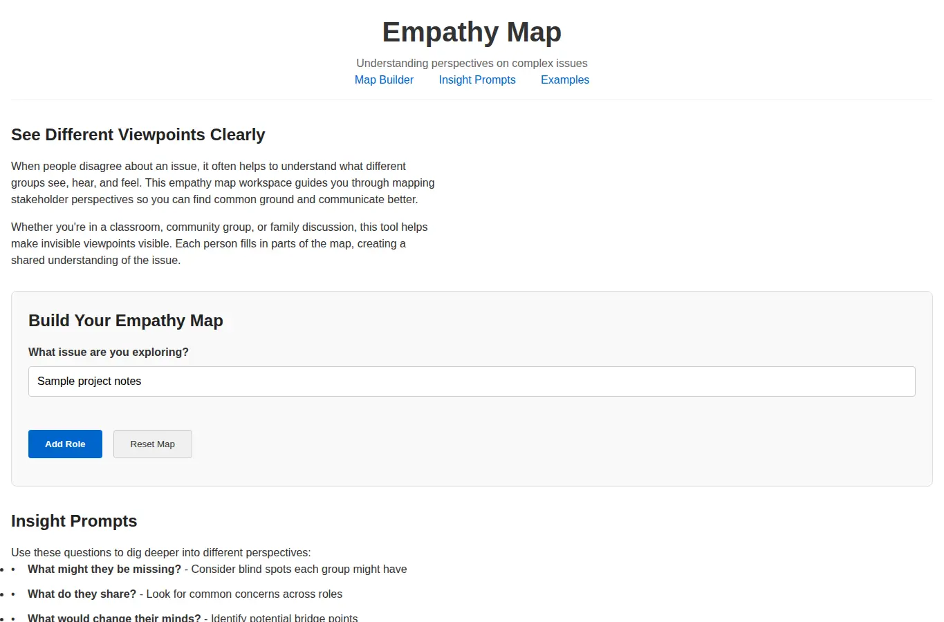 Screenshot of Florissant Empathy Map interface showing the project page in use